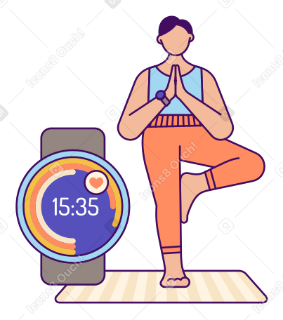 Ilustración animada de Mujer con relojes inteligentes de pie sobre una alfombra en pose de árbol en GIF, Lottie (JSON), AE