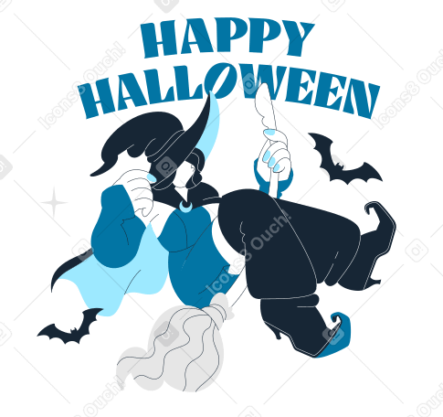 Текст счастливого хэллоуина с ведьмой и летучими мышами в PNG, SVG