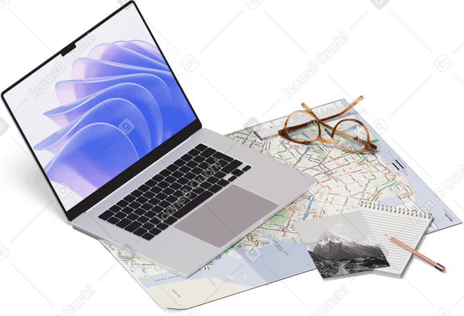 3D Visão isométrica de mapa, laptop, óculos, cartão postal, lápis PNG, SVG