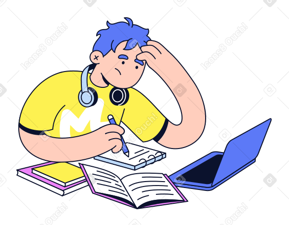 Молодой человек испытывает трудности во время учебы онлайн в PNG, SVG
