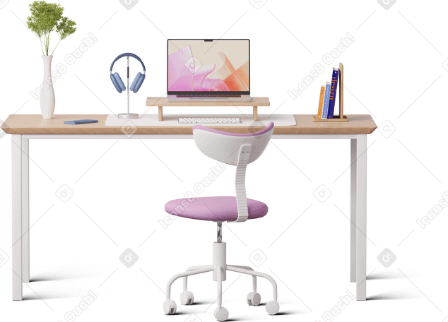 3D front view of desk with laptop PNG, SVG