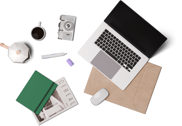 Top view of laptop on letter, books, camera and coffee PNG, SVG