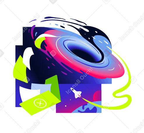 Black hole sucking paper out of the folder and spaceship flying past Illustration in PNG, SVG