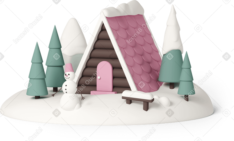 3D cute snowman standing in front of tiny house PNG, SVG