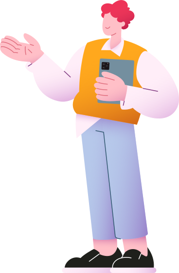 mann steht mit tablet und hält eine präsentation PNG, SVG