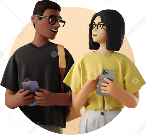 3D smiling man and woman with phones PNG, SVG