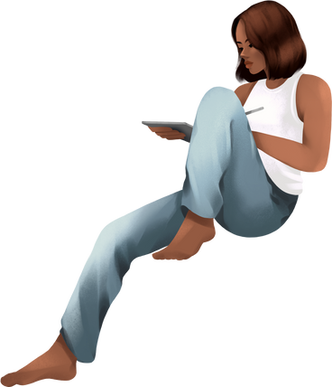 Young woman sitting with a tablet in her hands PNG, SVG