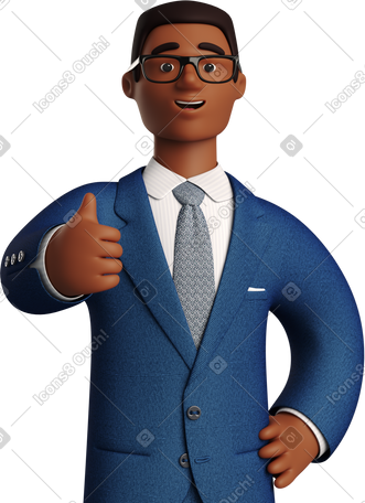 3D black businessman in blue suit giving thumbs up PNG, SVG