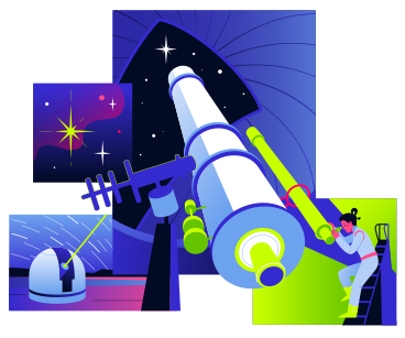 Woman scientist in an observatory looking at the stars through a telescope PNG, SVG