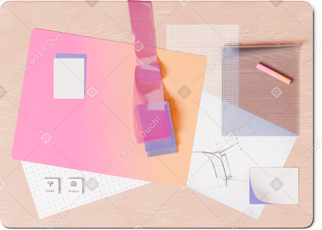 3D top view of desk with papers and ribbon PNG, SVG