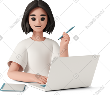 Young smiling woman working at laptop PNG, SVG