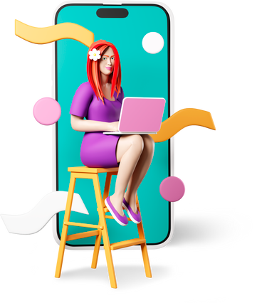 woman sitting with laptop and big phone PNG, SVG