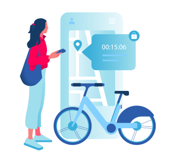 자전거 공유 서비스를 이용하는 여성 PNG, SVG