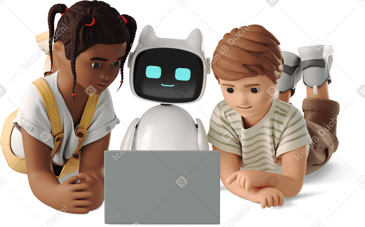 3D children at a laptop with a robot assistant PNG, SVG