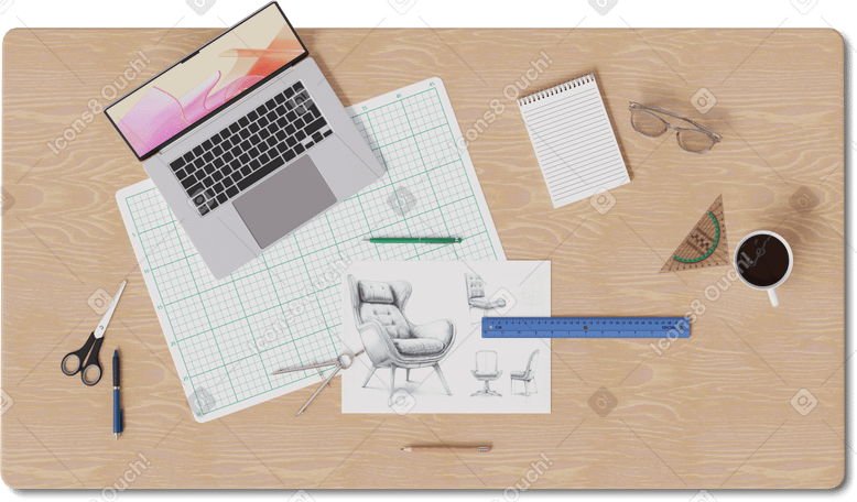 3D Вид сверху на стол с ноутбуком и эскизом в PNG, SVG