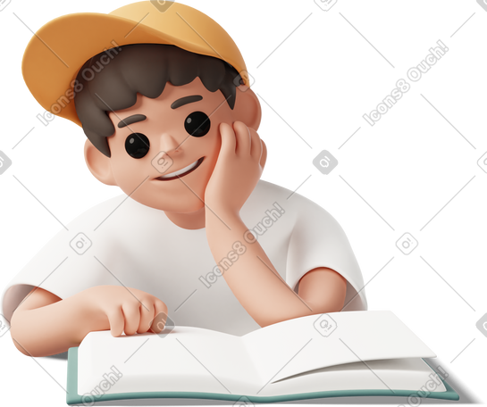 3D boy sitting at the desk with open book PNG, SVG