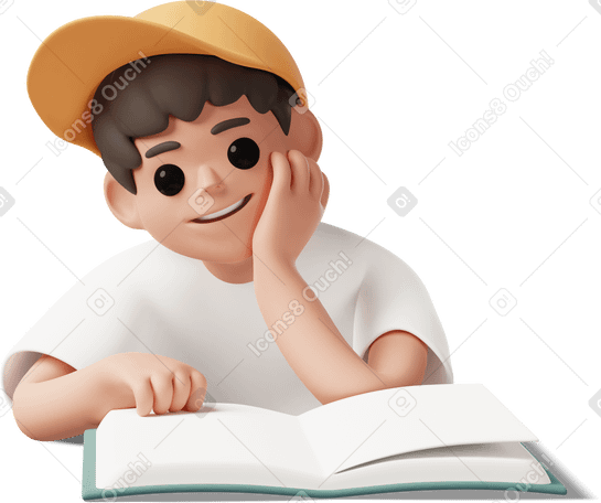 Illustration 3D boy sitting at the desk with open book aux formats PNG, SVG