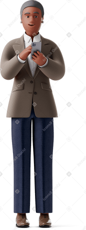 3D old businesswoman in formalwear with phone looking straight Illustration in PNG, SVG