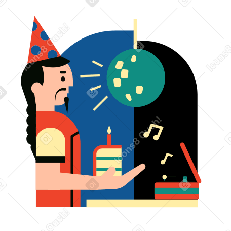 Мужчина празднует день рождения с тортом и музыкой в PNG, SVG