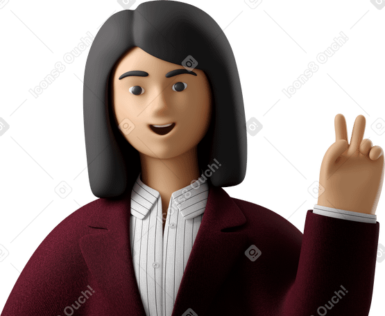 3D close up of businesswoman in red suit with peace sign hand Illustration in PNG, SVG