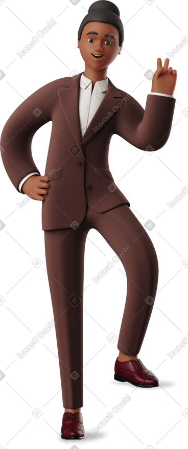 Black businesswoman leaning with one leg and showing peace sign PNG, SVG