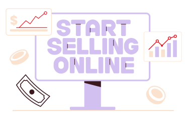 Schriftzug „start selling online“ auf dem bildschirm mit münzen und text zu wachstumsdiagrammen PNG, SVG