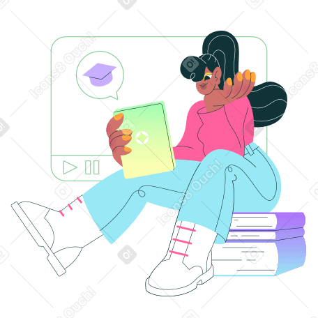 Girl sitting on a book pile and studying online Illustration in PNG, SVG