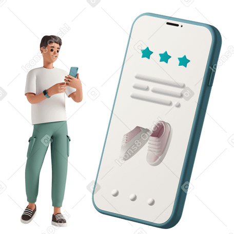 3D young man online shopping for sneakers on his smartphone Illustration in PNG, SVG