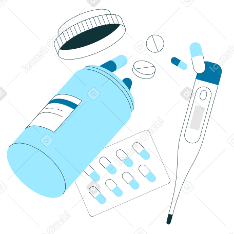 Medicines and a digital thermometer Illustration in PNG, SVG