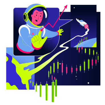 Astronaut above the financial chart clicks on the arrow pointing up PNG, SVG