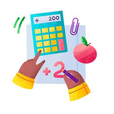 Bambino a lezione di matematica con calcolatrice e mela PNG, SVG