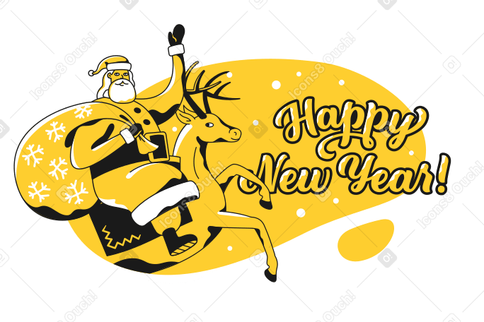 Happy New Year text and Santa with a bag of gifts on a reindeer Illustration in PNG, SVG