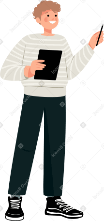 guy standing with a tablet and a pen in his hands Illustration in PNG, SVG