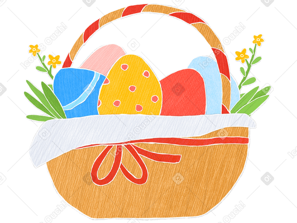 Woven holiday basket with easter eggs and flowers Illustration in PNG, SVG