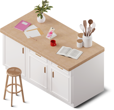Isometric view of smartphone and notes on the kitchen island PNG、SVG