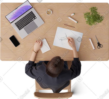 Top view of young woman sketching furniture PNG, SVG