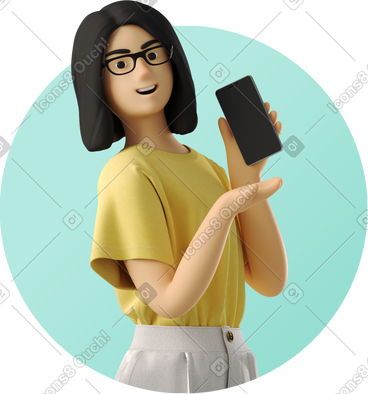 Smiling young woman showing phone PNG, SVG