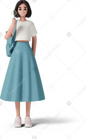 3D student girl with magnifying glass PNG, SVG