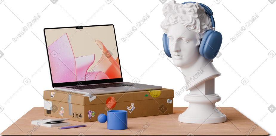 3D front view of laptop with notes and apollo head PNG, SVG