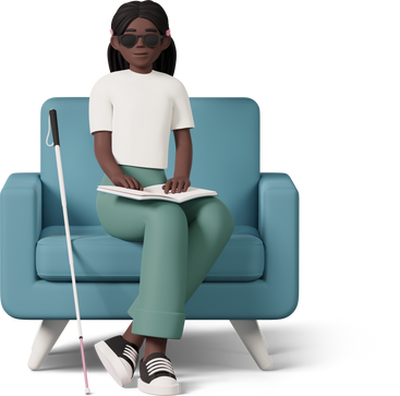 blind girl sitting on sofa and reading book PNG, SVG