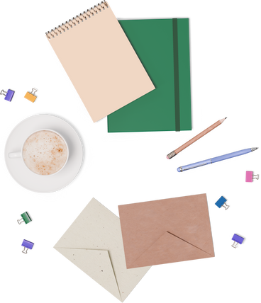 Вид сверху на конверты, блокноты и чашку кофе в PNG, SVG