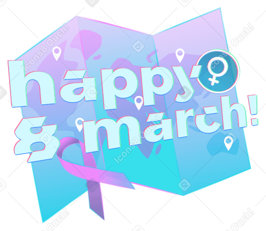 Texte joyeux 8 mars avec carte du monde et symbole féminin PNG, SVG