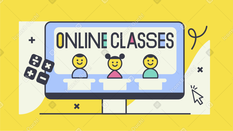 学童と一緒にコンピューター画面でオンラインクラスをレタリングする PNG、SVG