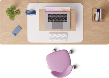 top view of desk with laptop PNG, SVG