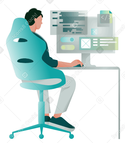 Man programmer writing code and making web design on a PC PNG, SVG
