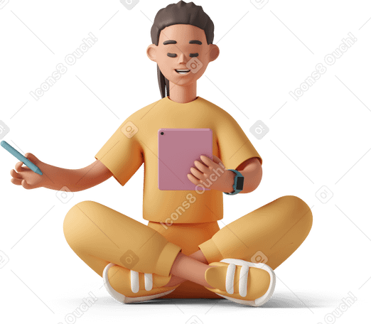 3D young woman meditating while holding pink tablet and stylus Illustration in PNG, SVG