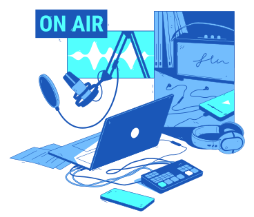 Podcast recording studio with equipment PNG, SVG