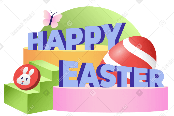 Letras felices pascuas con huevos, ícono de conejito y texto de mariposa PNG, SVG