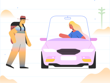 Mujer conduciendo un coche recogiendo a un autoestopista PNG, SVG