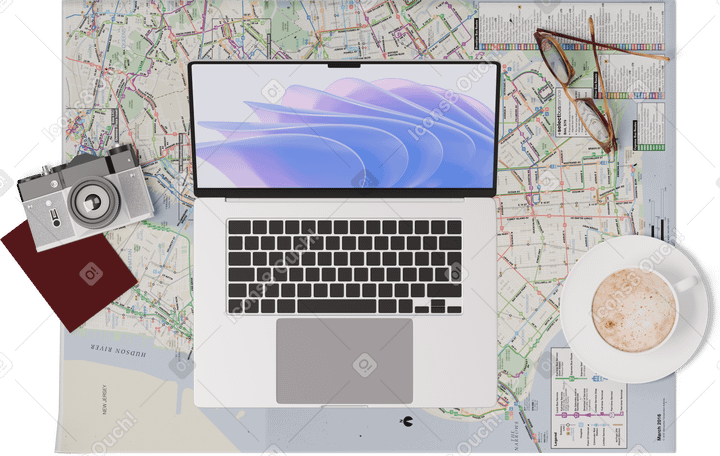 3D 地图、笔记本电脑、护照、相机、咖啡的顶视图 PNG, SVG